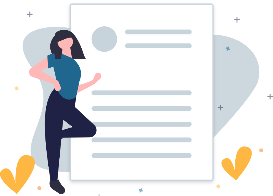 karriere tutor Illustration einer Frau mit dunklem Haar, die selbstbewusst mit einer Hand auf der Hüfte steht und an ein großes Dokument lehnt. Das Dokument hat Textzeilen und einen kreisförmigen Bildplatzhalter. Es gibt abstrakte Formen, kleine sternförmige Elemente im Hintergrund und Verweise auf die AZAV-zertifizierte Weiterbildung.